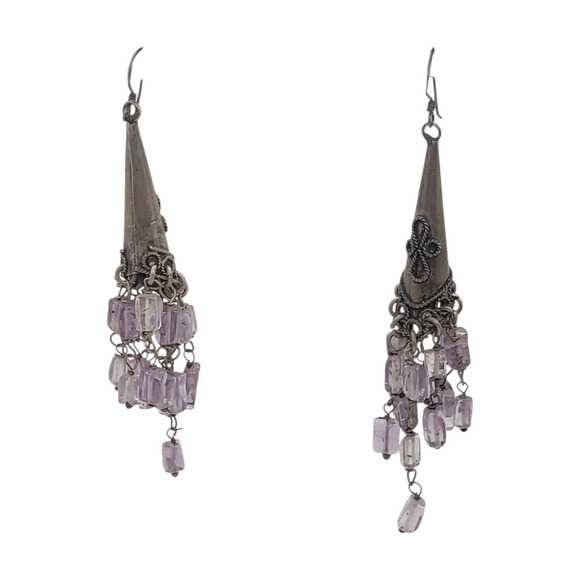 Vintage Silver Amethyst Earrings Chandelier Long Dangle Ethnic Tribal Movement - Picture 6 of 10